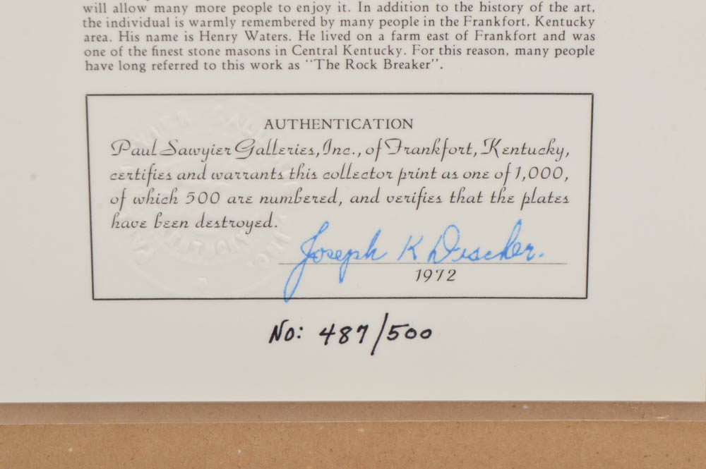 Framed Limited Edition Paul Sawyier "The Rock Breaker"