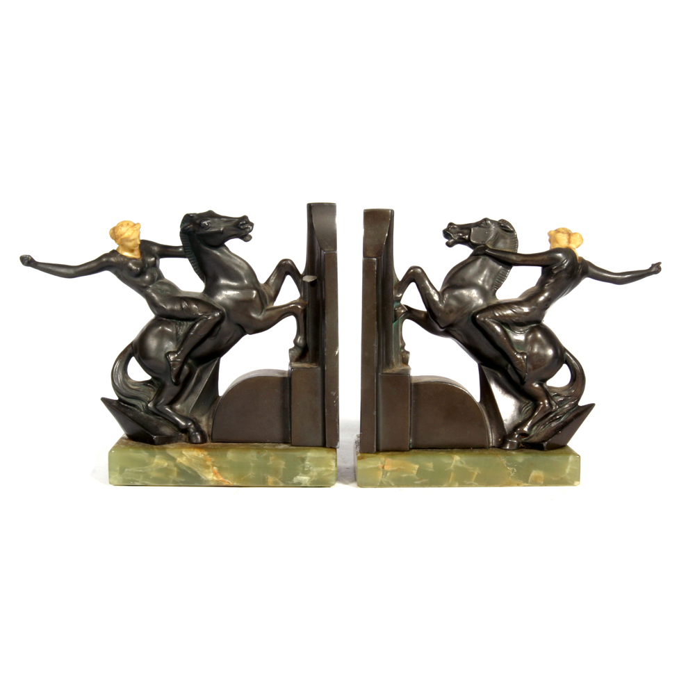 Pair of Vintage German Bookends with Green Onyx Bases
