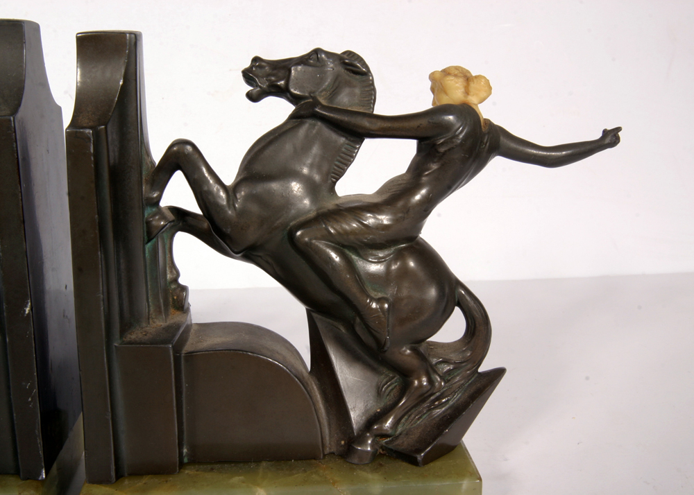 Pair of Vintage German Bookends with Green Onyx Bases