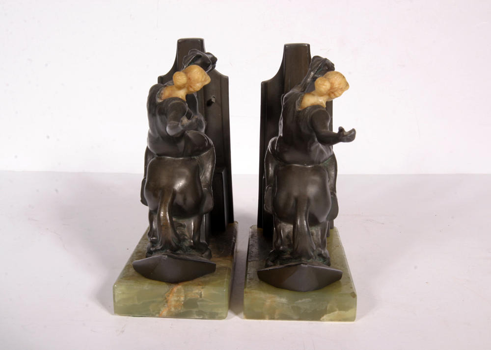 Pair of Vintage German Bookends with Green Onyx Bases