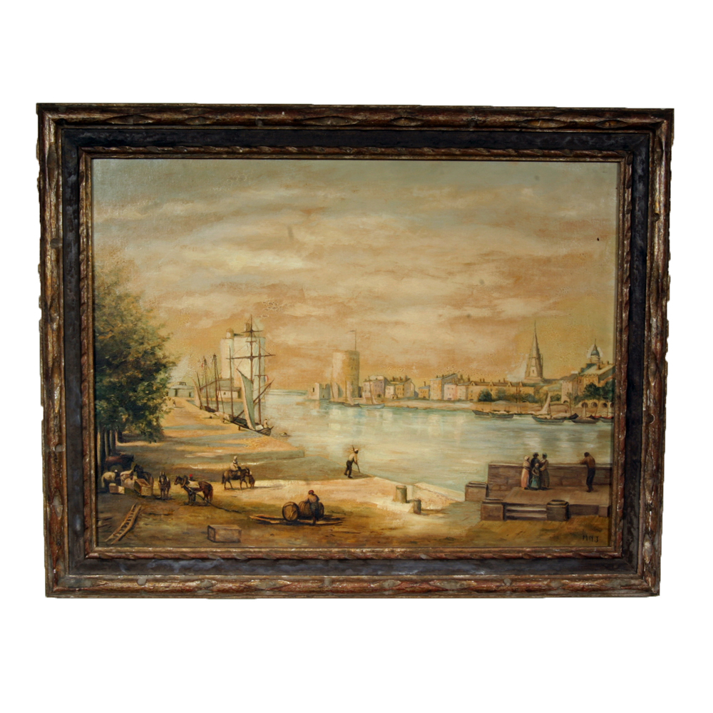 Framed Vintage Oil on Board Painting of a Harbor
