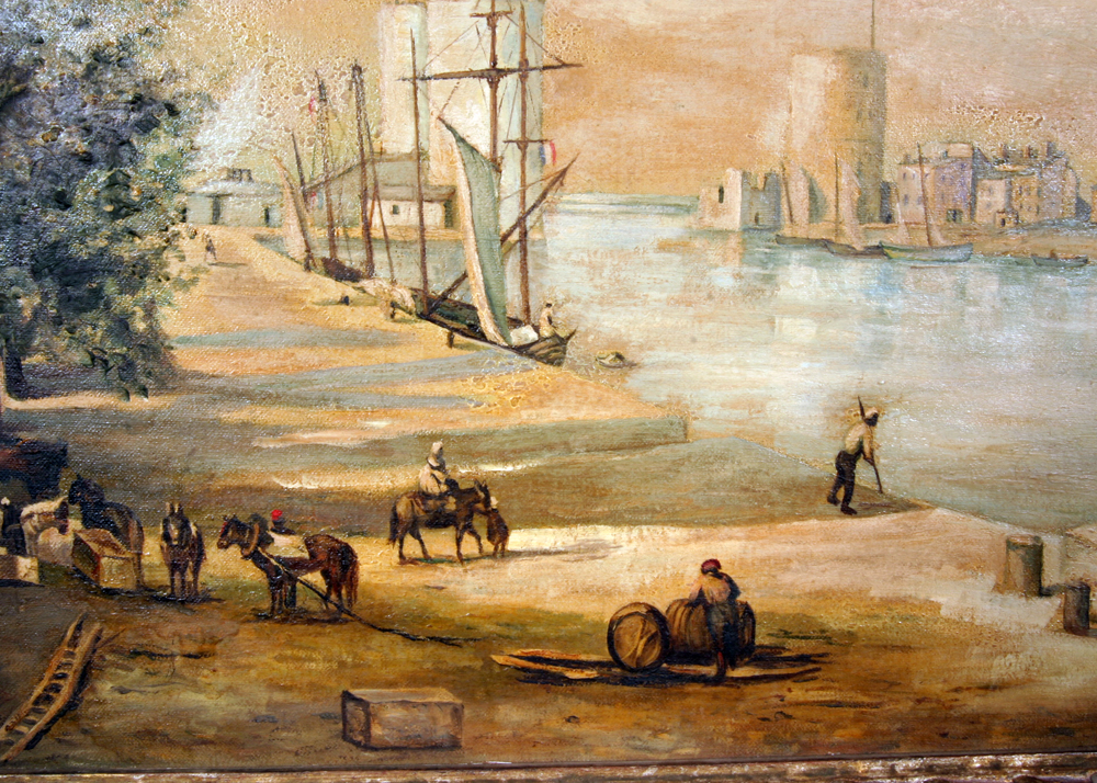 Framed Vintage Oil on Board Painting of a Harbor