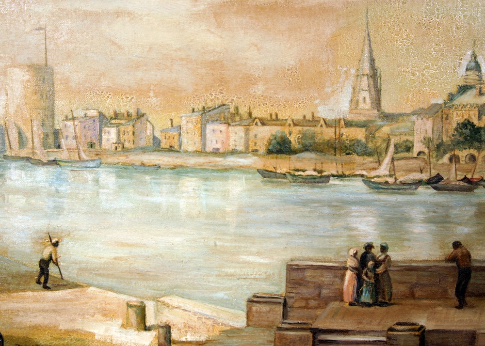 Framed Vintage Oil on Board Painting of a Harbor