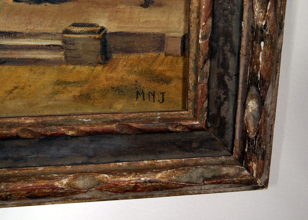 Framed Vintage Oil on Board Painting of a Harbor