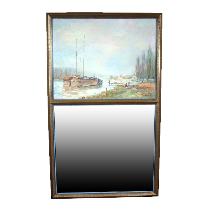 Oil on Board Riverside Painting with Wall Mirror
