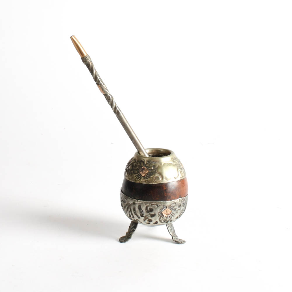 Antique Alpaca Silver and 18K Gold Yerba Mate Tea Cup with Bombilla