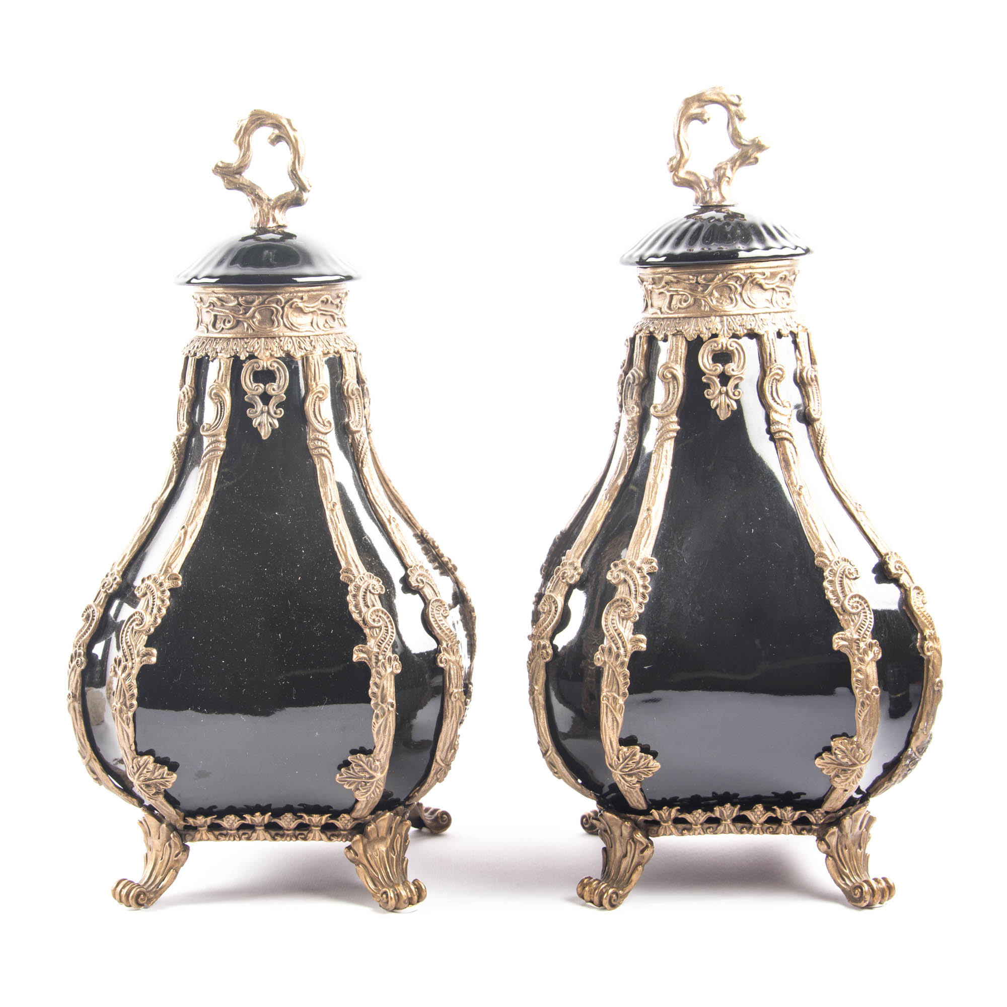 Pair of Castilian Ceramic and Brass Urns