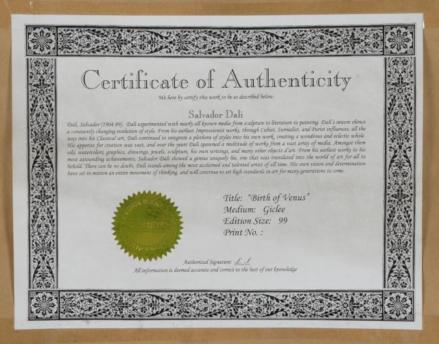 Salvador Dali Limited Edition Giclee Reproduction "Birth of Venus"