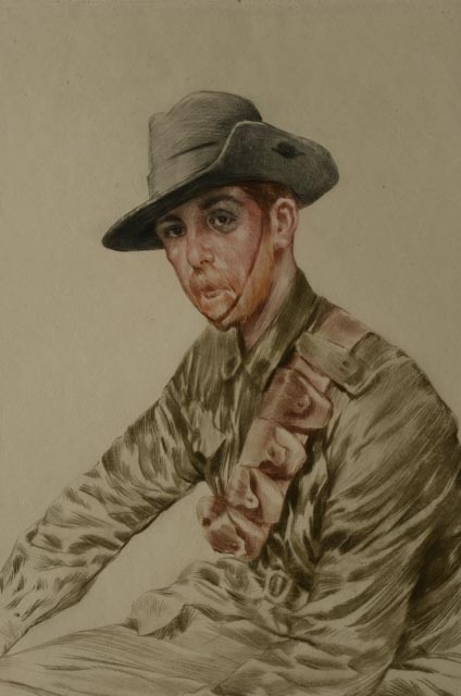 Maurice Milliére 1917 Drypoint Color Etching of WWI Soldier