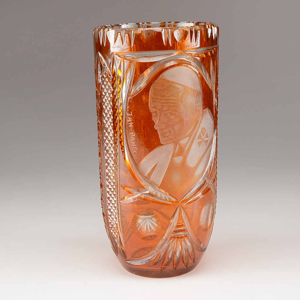 Signed Bohemian Amber Crystal Vase with Pope John Paul II