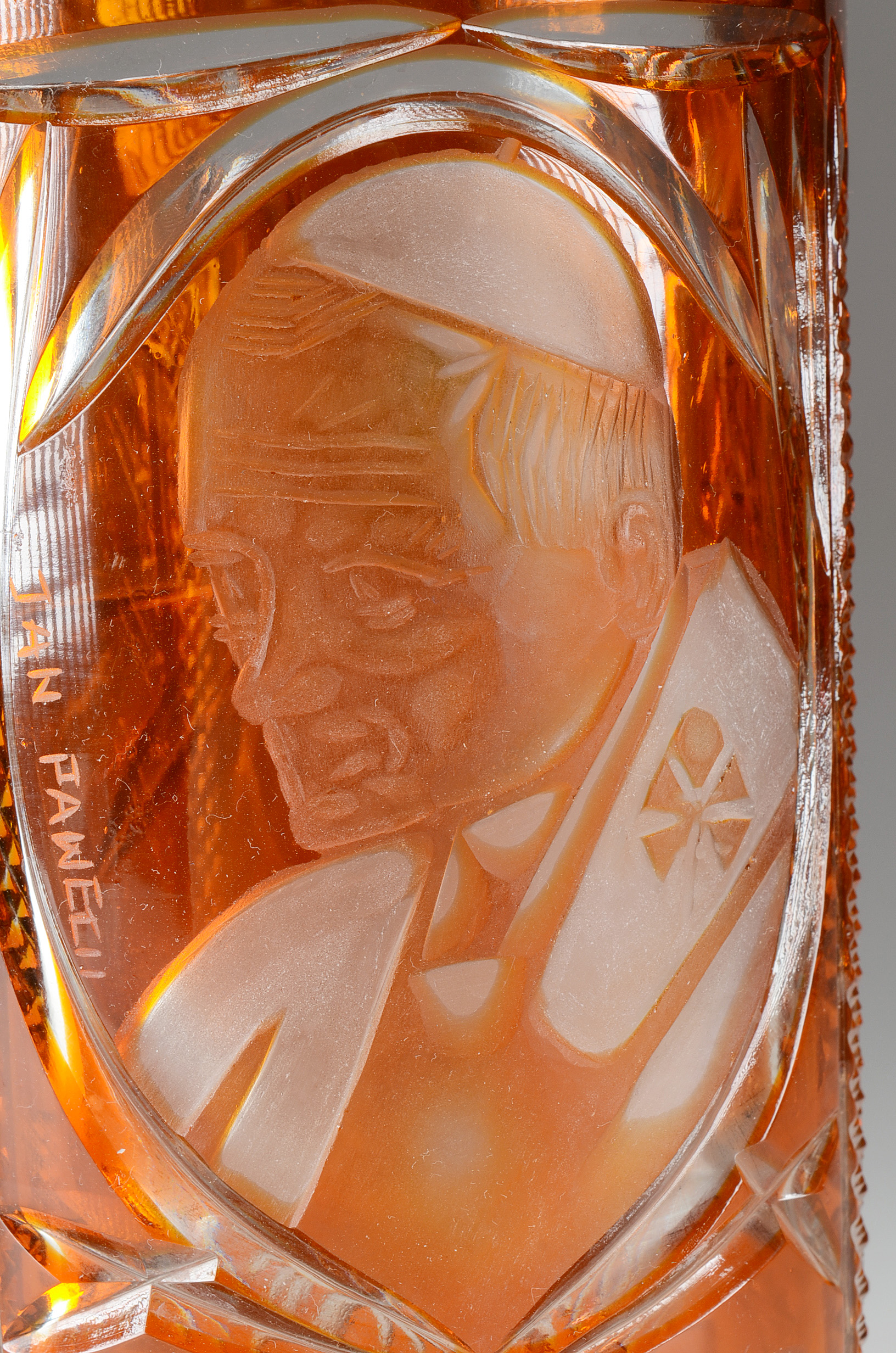 Signed Bohemian Amber Crystal Vase with Pope John Paul II