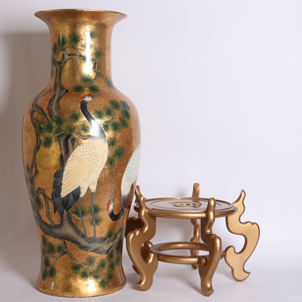 Oversized Handpainted Japanese Vase with Stand