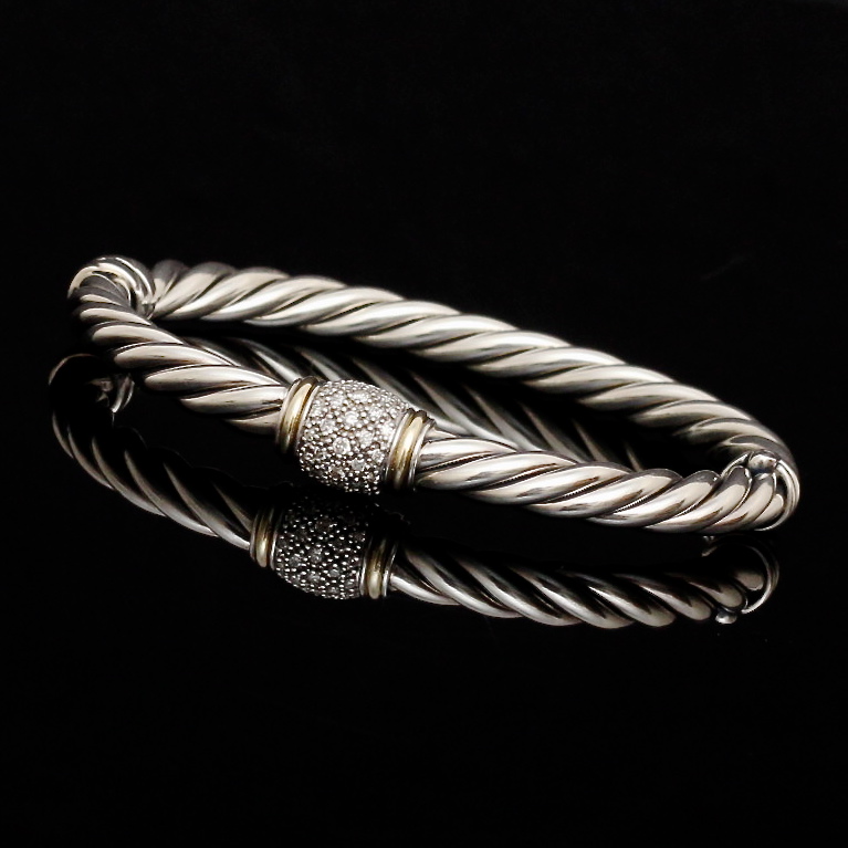 David Yurman 18K Yellow Gold and Sterling Silver Diamond Bangle Bracelet