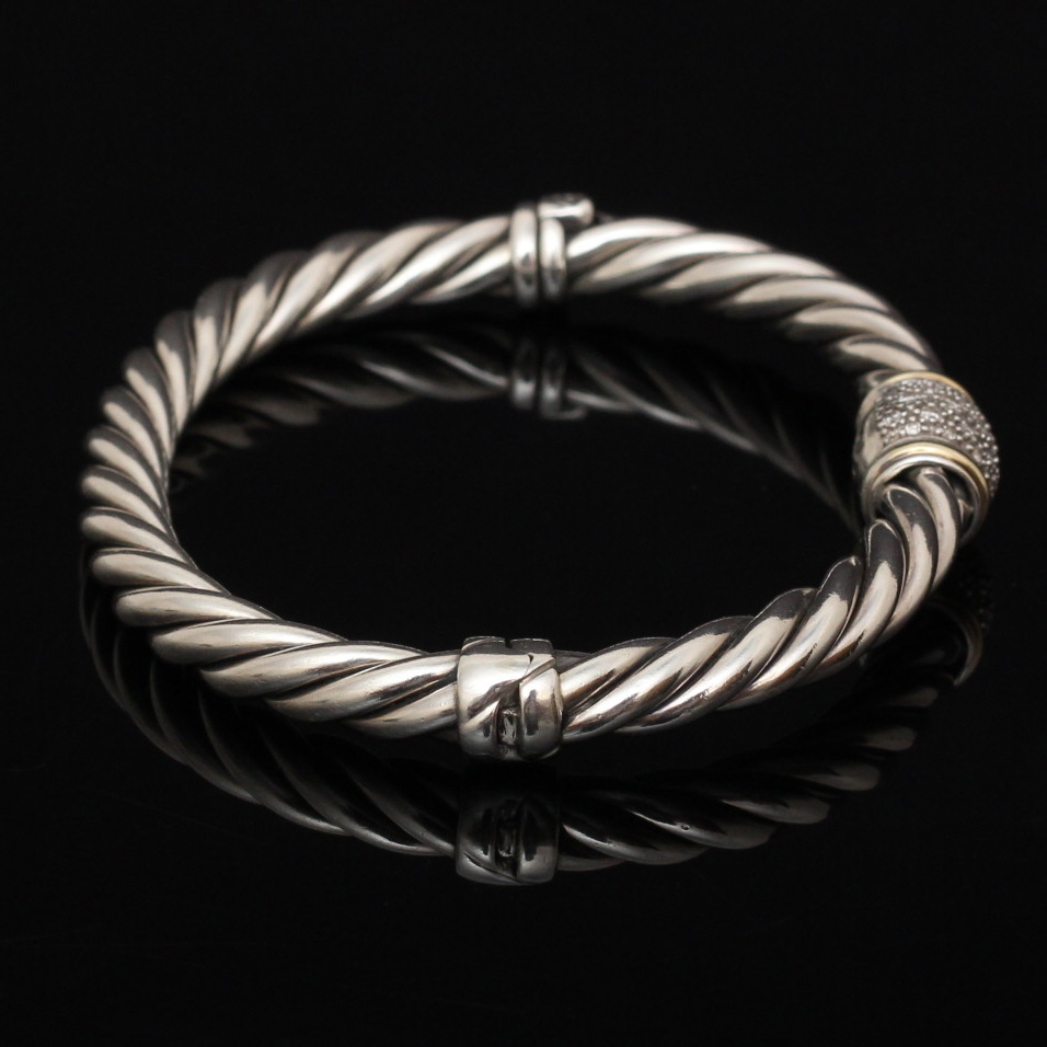 David Yurman 18K Yellow Gold and Sterling Silver Diamond Bangle Bracelet