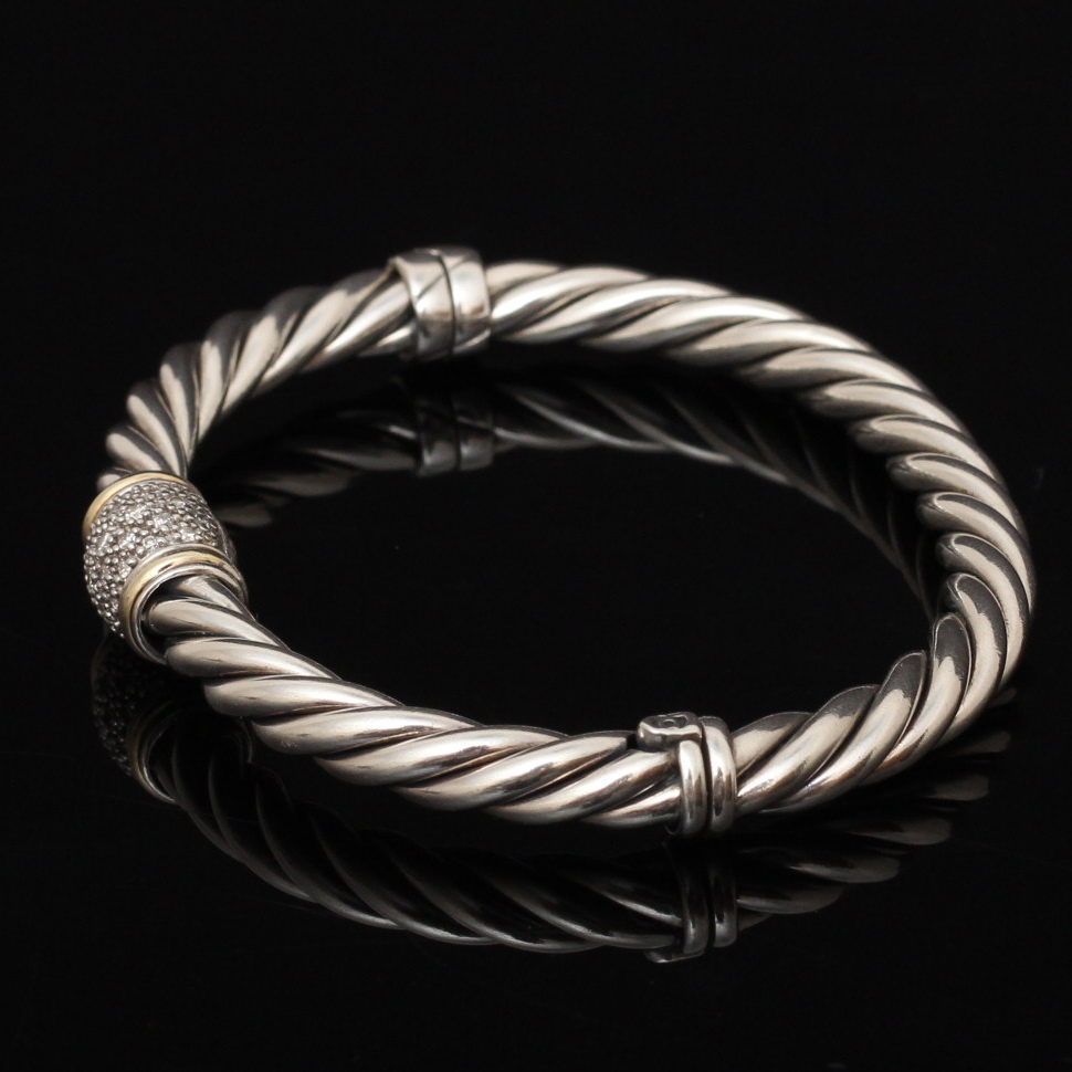 David Yurman 18K Yellow Gold and Sterling Silver Diamond Bangle Bracelet