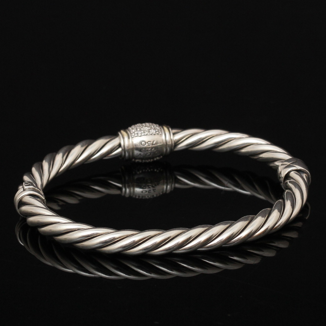 David Yurman 18K Yellow Gold and Sterling Silver Diamond Bangle Bracelet