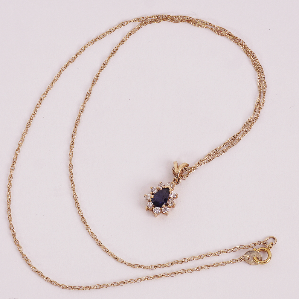 Pear Cut Sapphire and Diamond Pendant Necklace