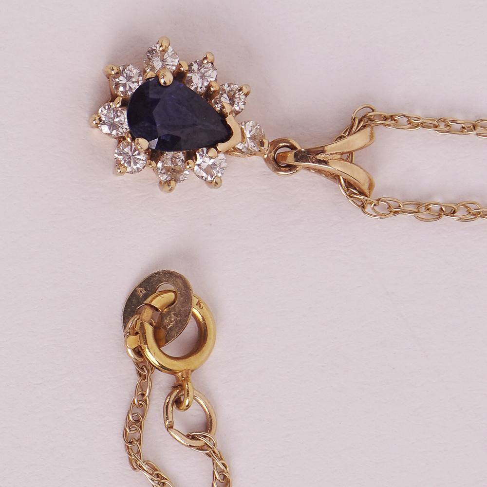 Pear Cut Sapphire and Diamond Pendant Necklace