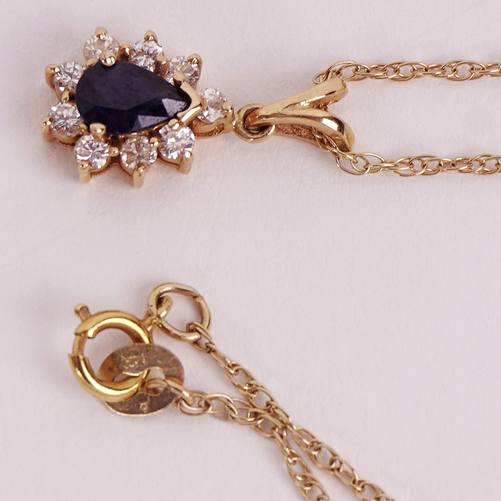 Pear Cut Sapphire and Diamond Pendant Necklace