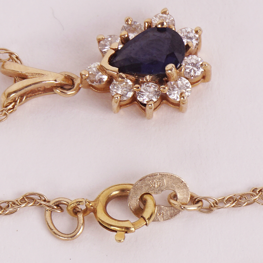 Pear Cut Sapphire and Diamond Pendant Necklace