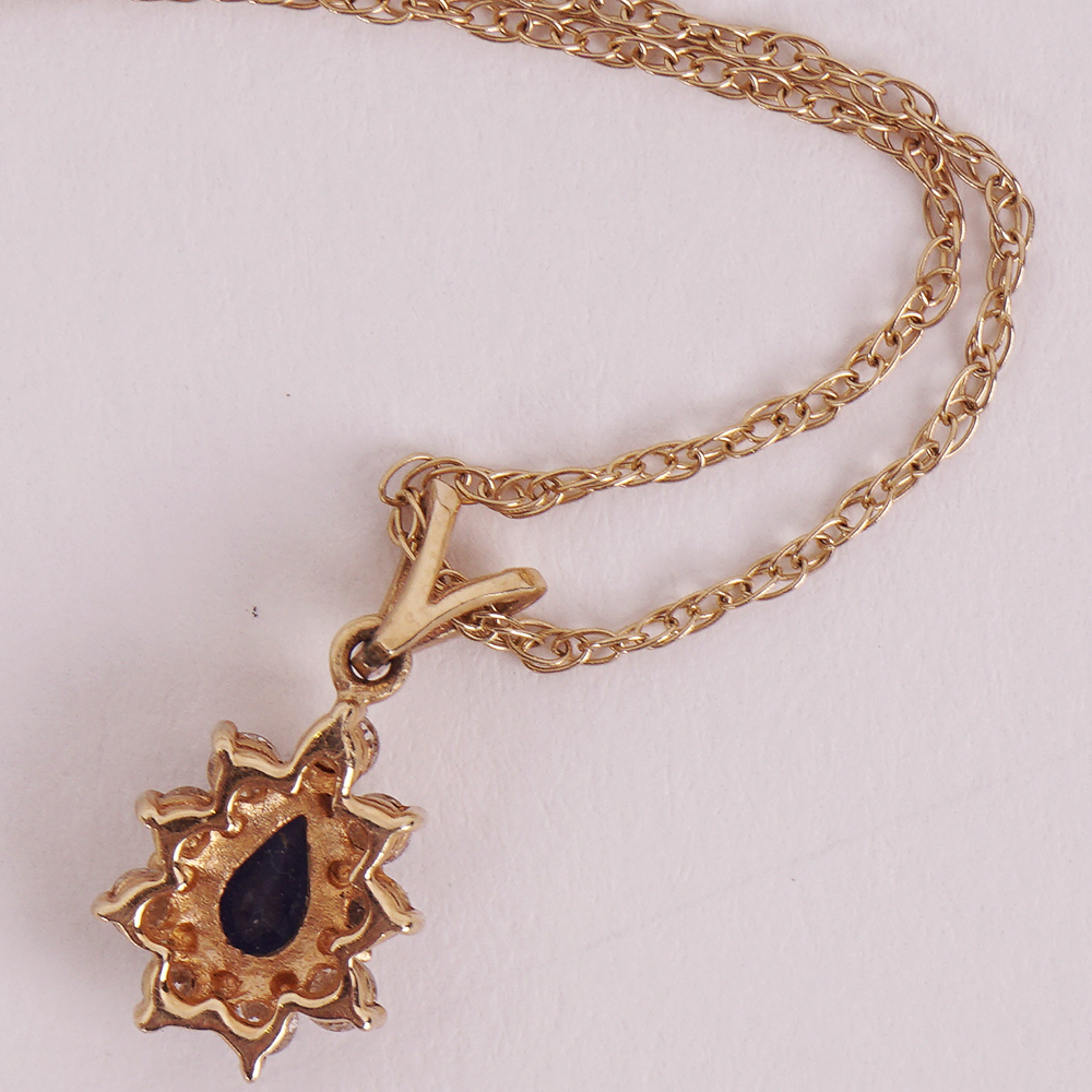 Pear Cut Sapphire and Diamond Pendant Necklace