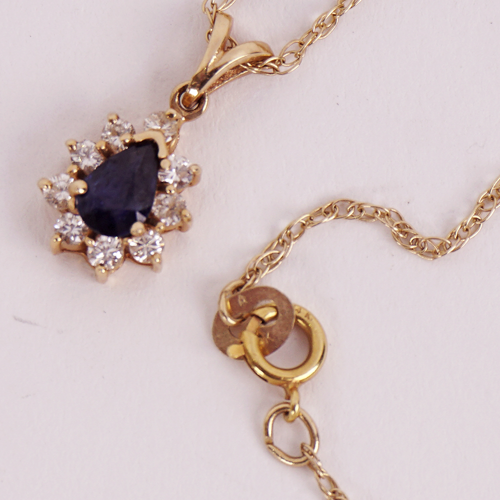 Pear Cut Sapphire and Diamond Pendant Necklace