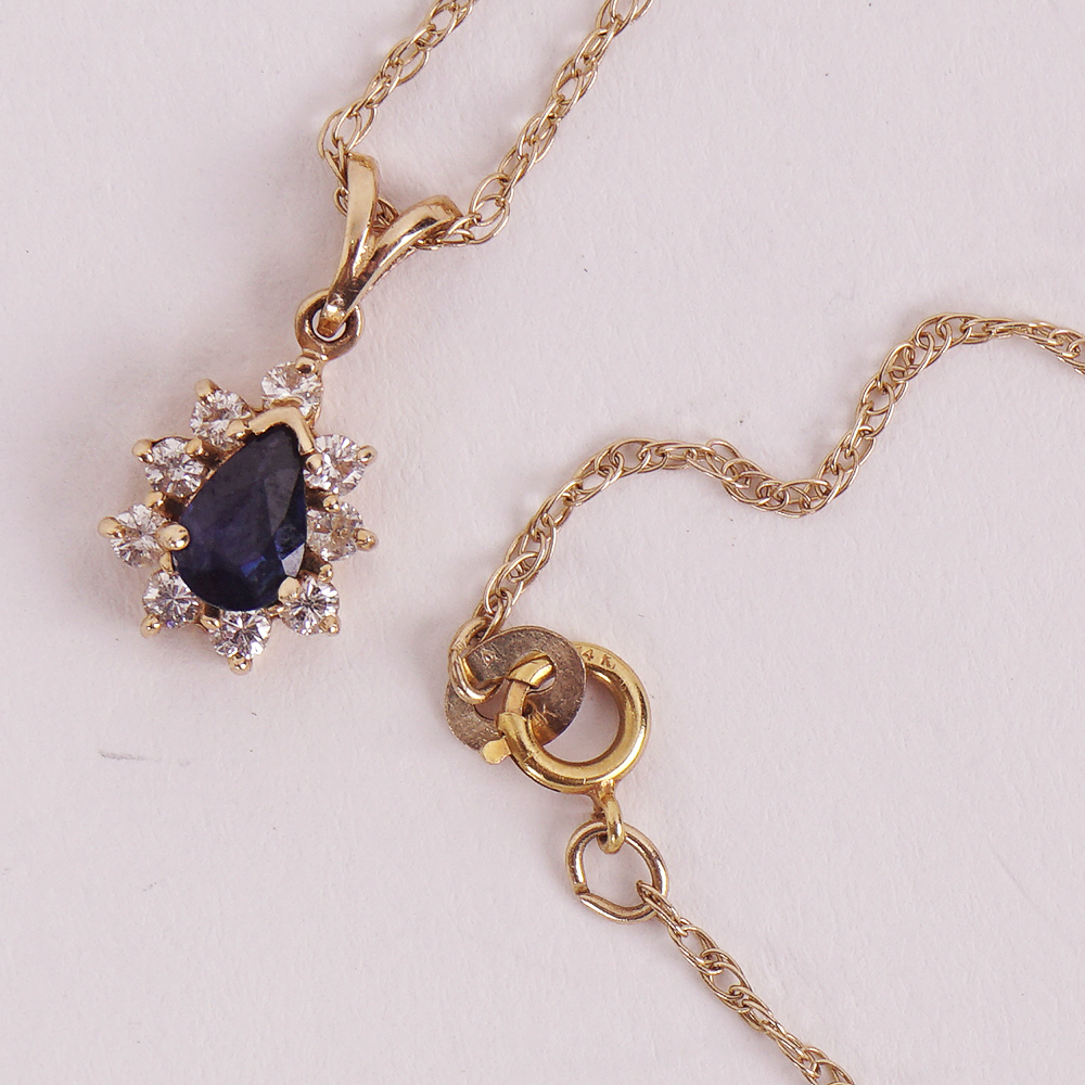 Pear Cut Sapphire and Diamond Pendant Necklace