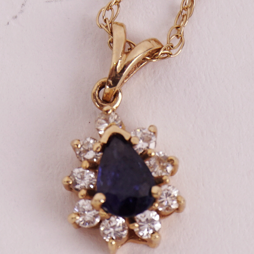 Pear Cut Sapphire and Diamond Pendant Necklace