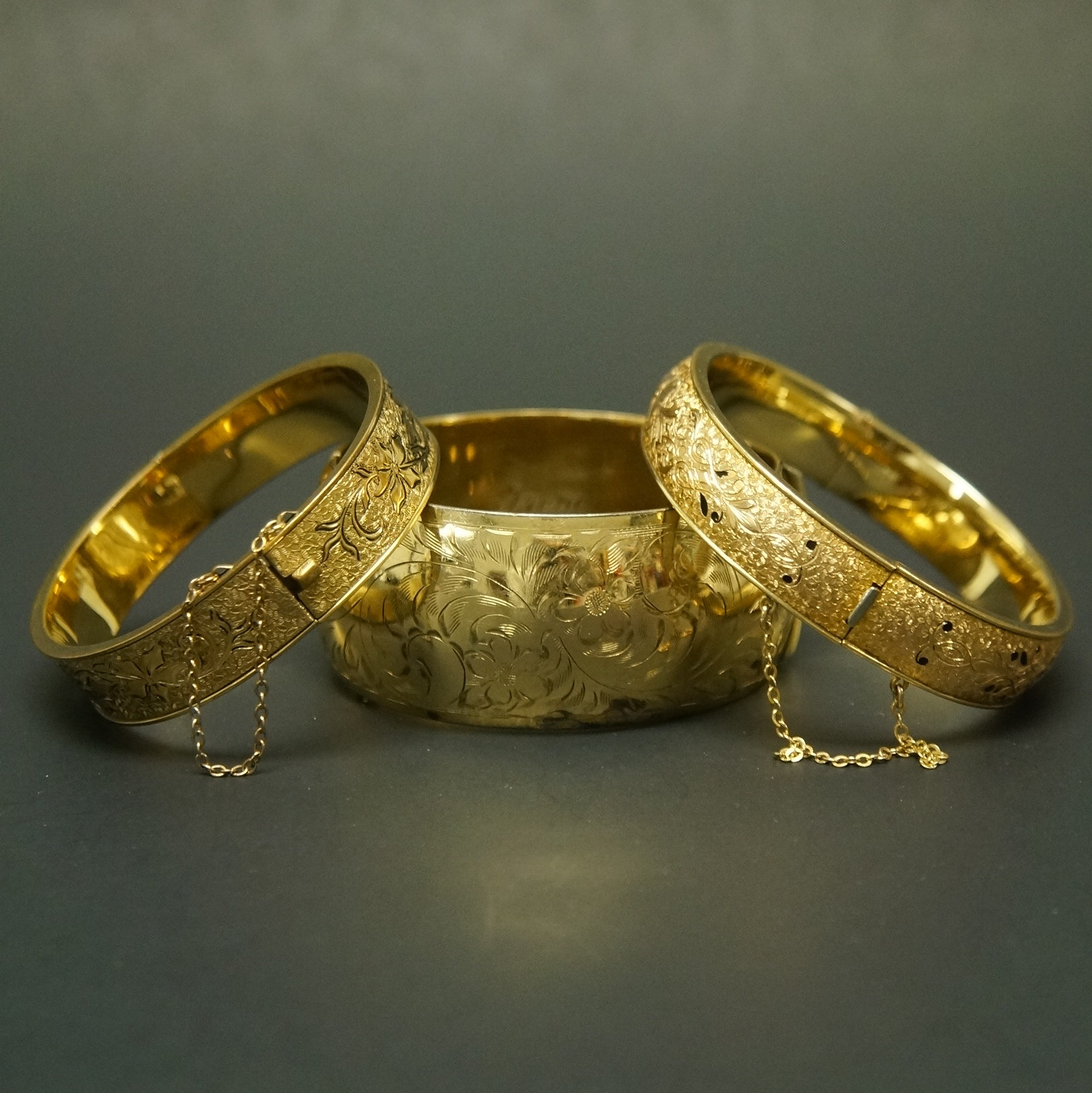Collection of Etched Gold Filled Bangle Bracelets