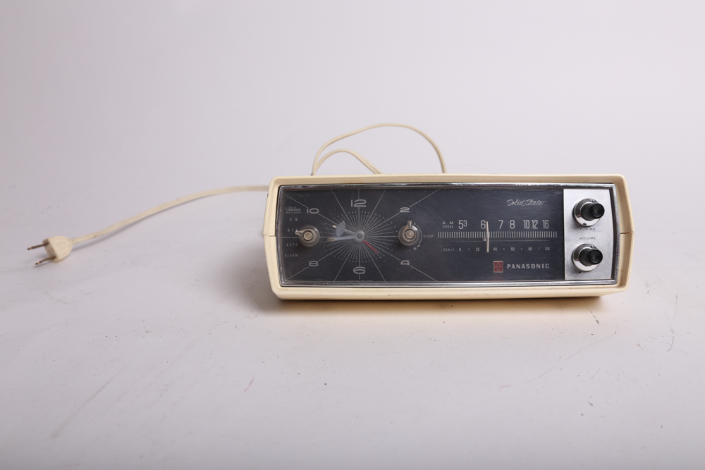 Vintage Panasonic Clock Radio and Transparent GoldStar Telephone
