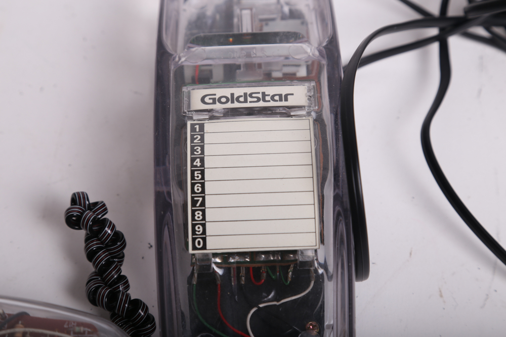 Vintage Panasonic Clock Radio and Transparent GoldStar Telephone