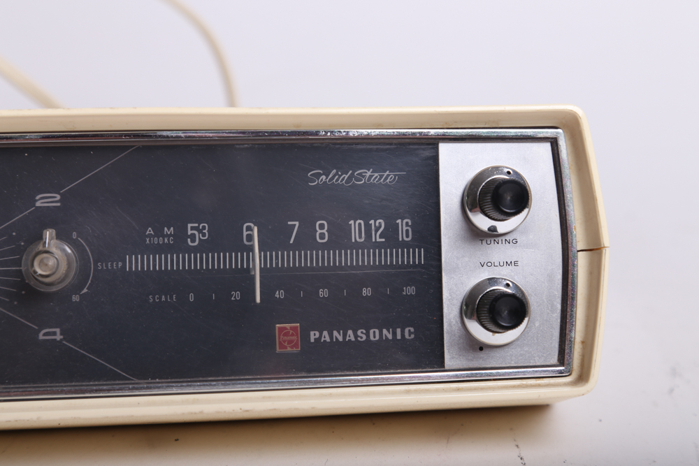 Vintage Panasonic Clock Radio and Transparent GoldStar Telephone