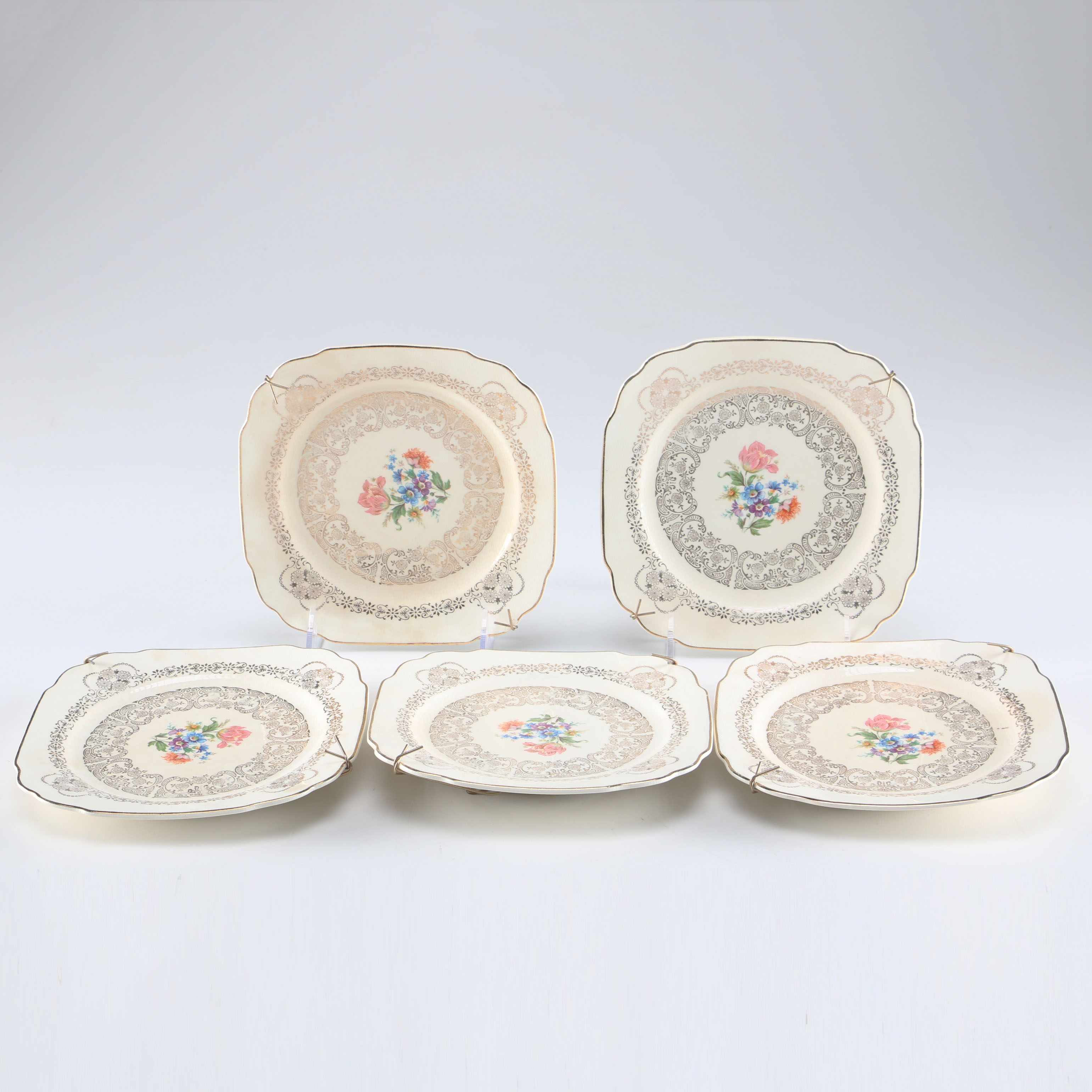 Collection of Five Queen Anne Plates with 22 K Gold