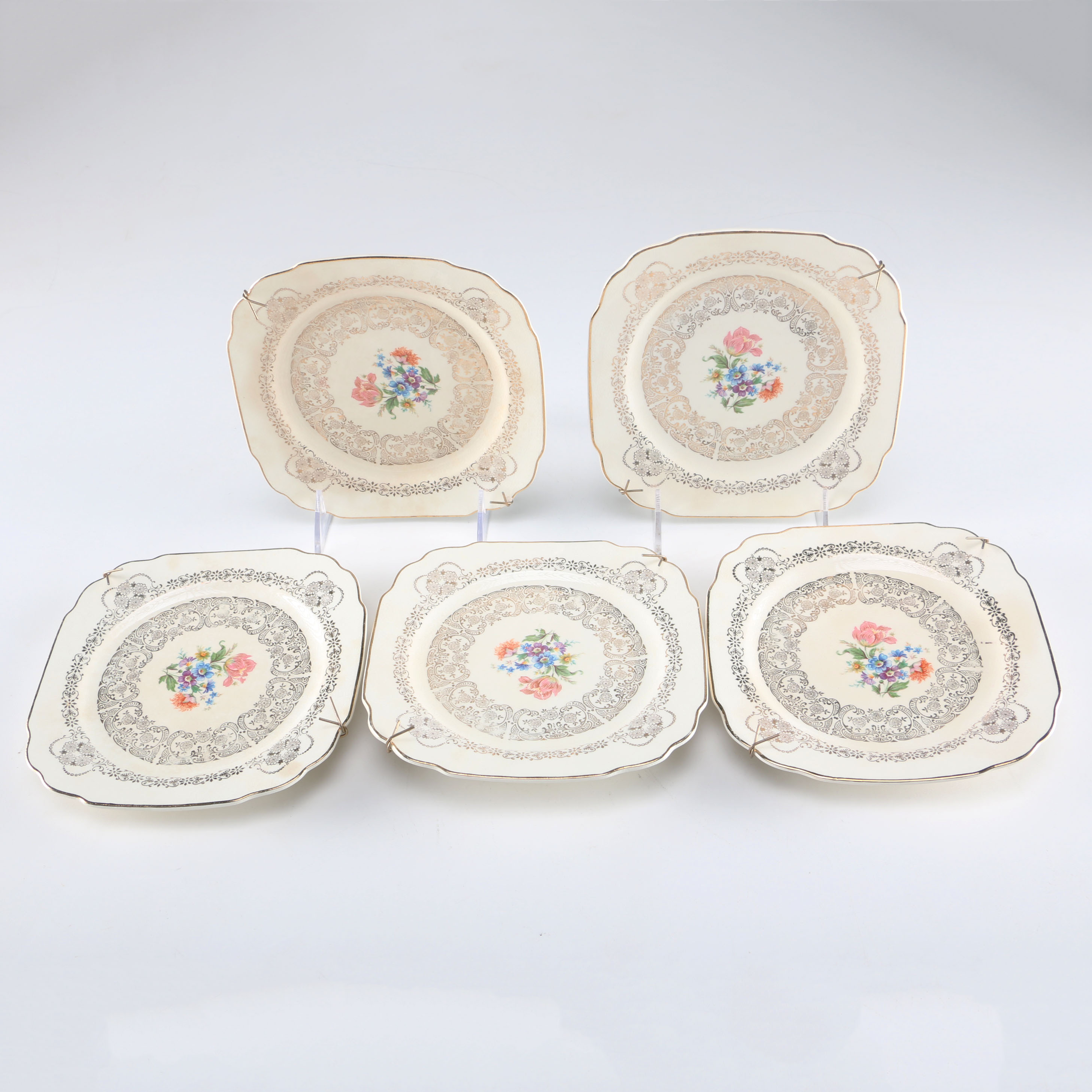 Collection of Five Queen Anne Plates with 22 K Gold