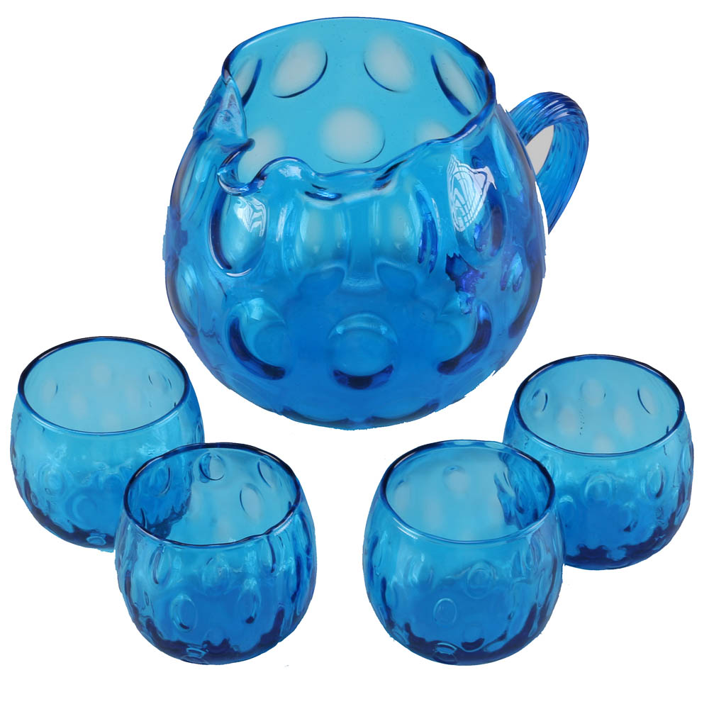Blue Glass Pitcher and Four Cups