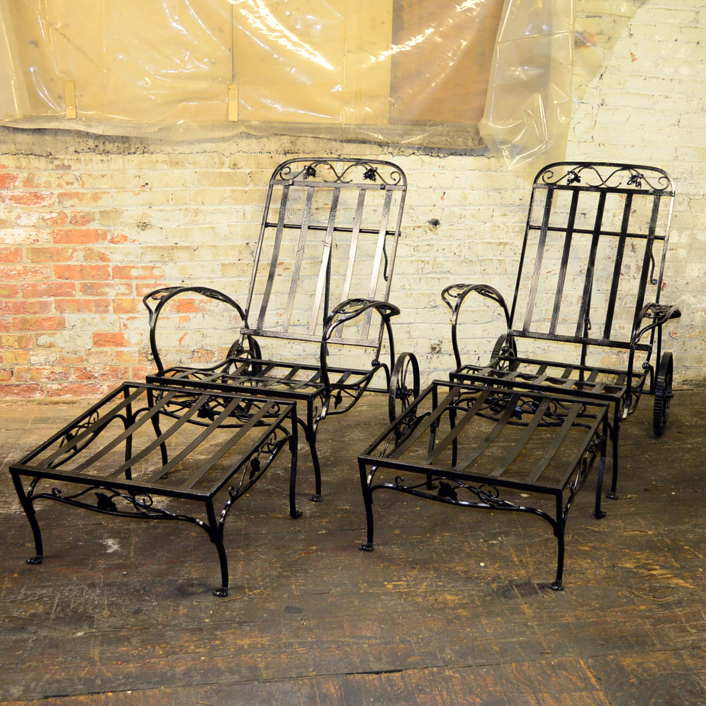 Pair of Cast Iron Lounge Chairs And Ottomans