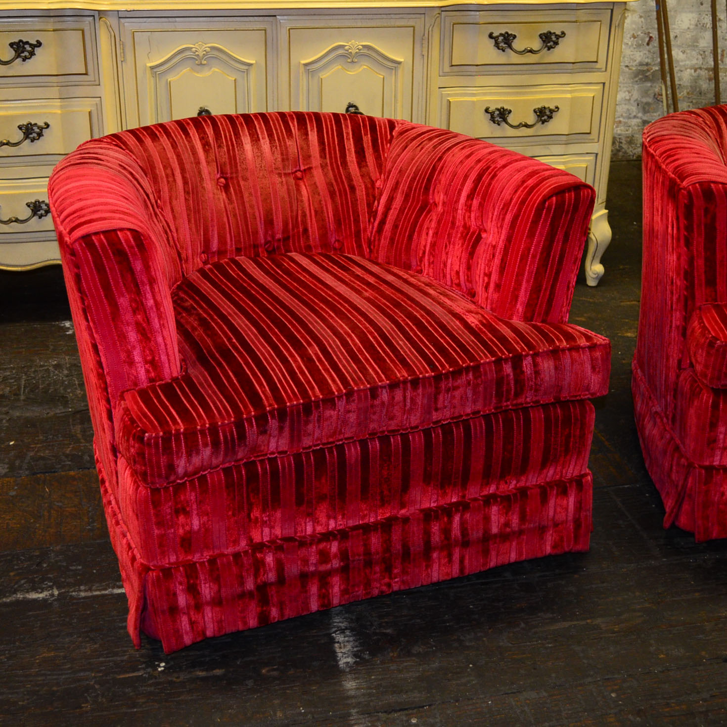 Pair of Red Velvet Contemporary Swivel Chairs