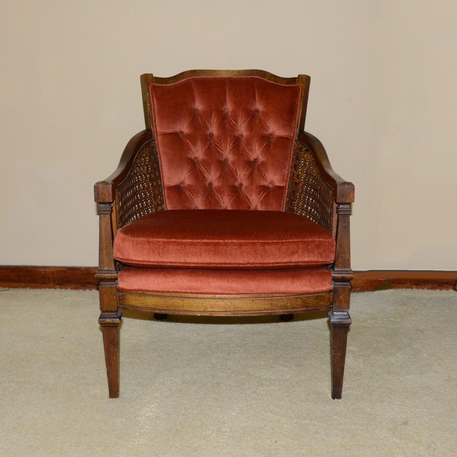 Velvet Upholstered Caned Armchair