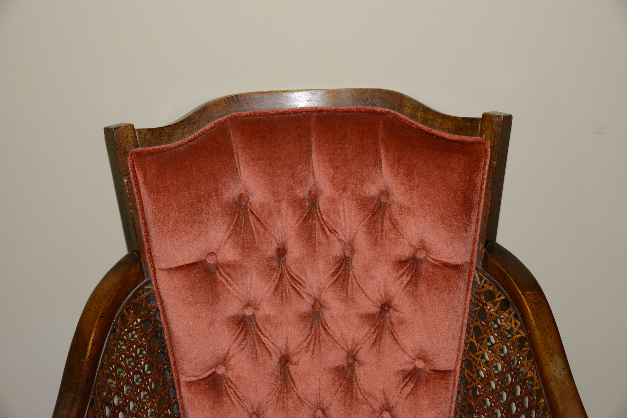 Velvet Upholstered Caned Armchair