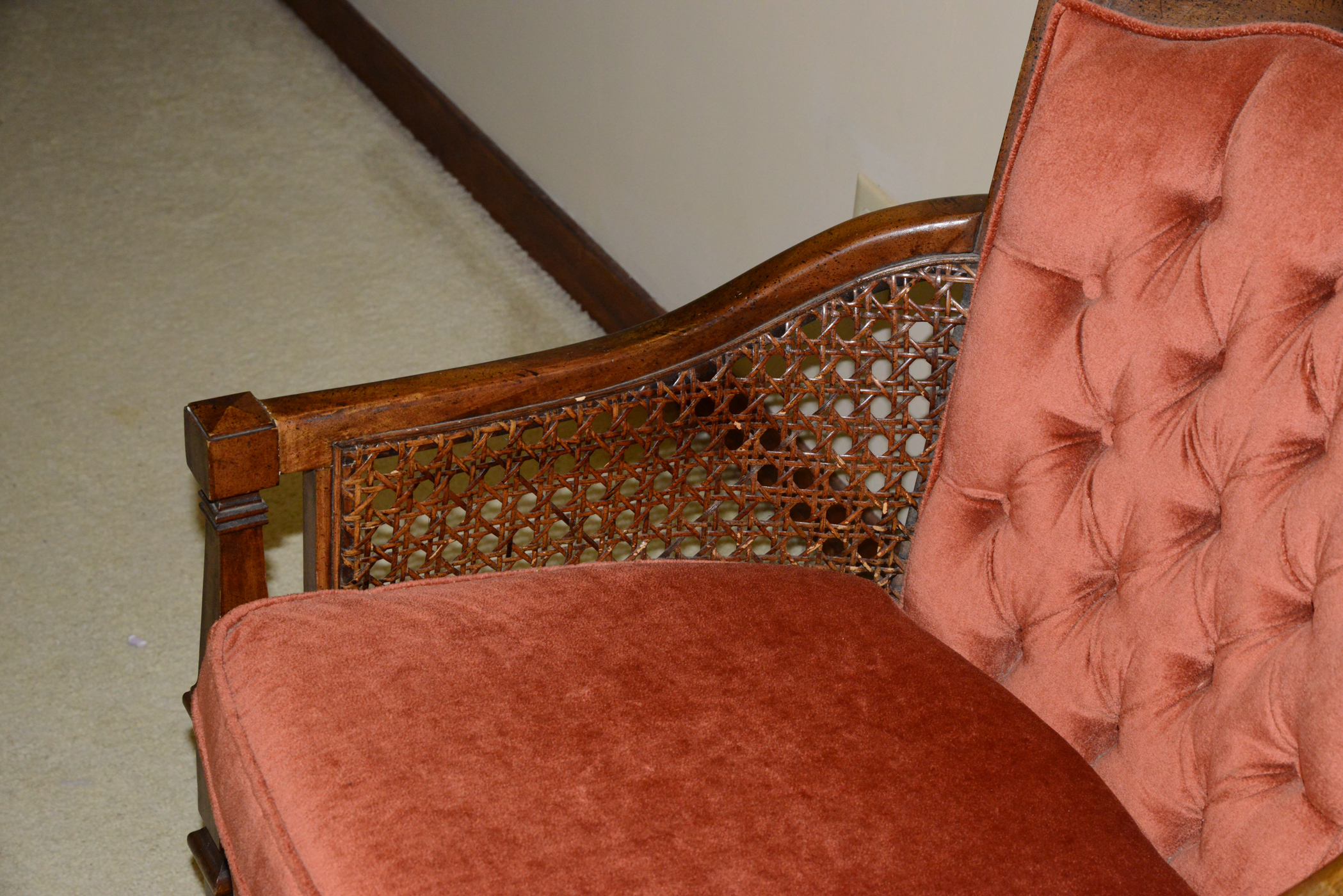 Velvet Upholstered Caned Armchair