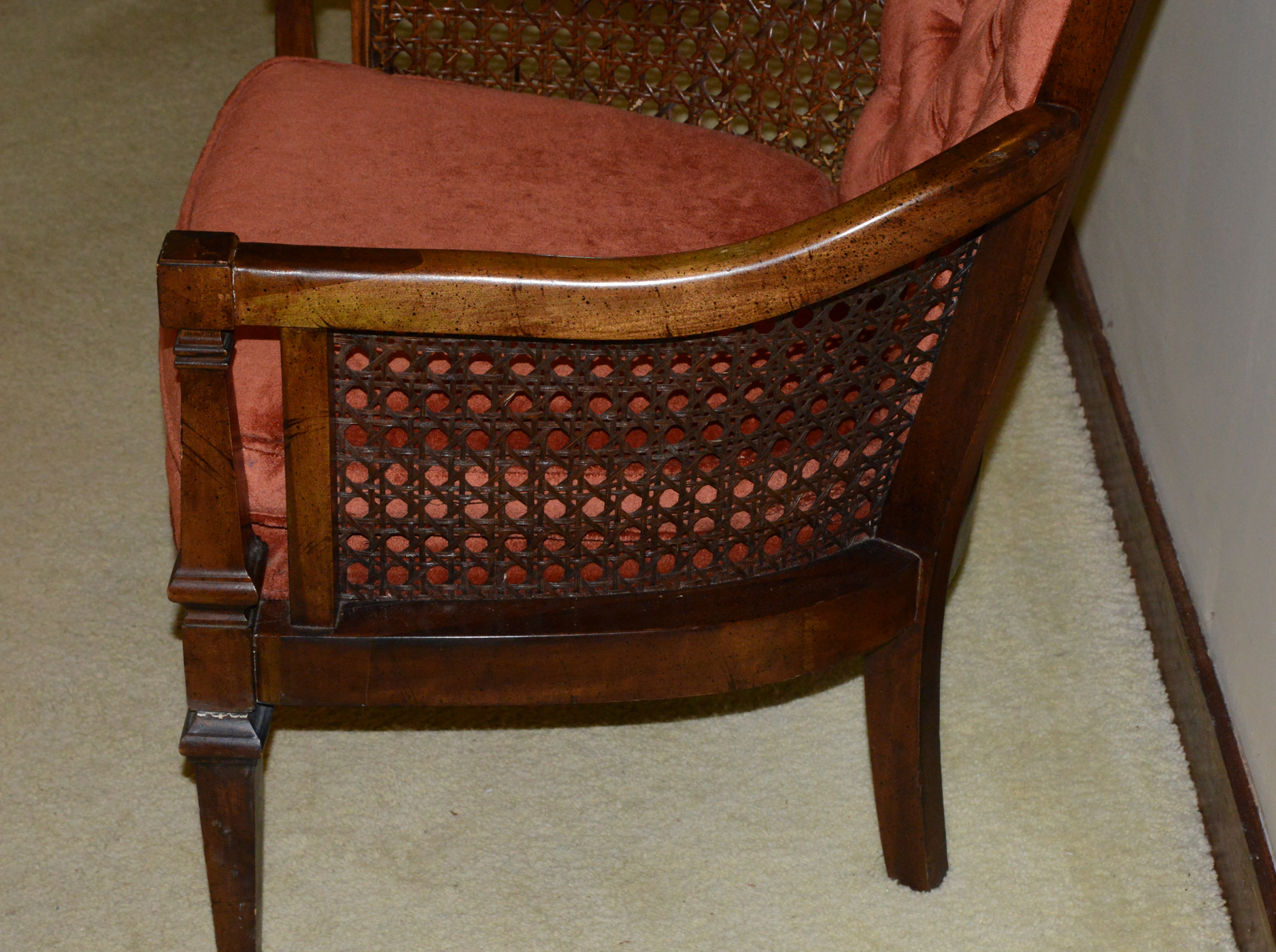 Velvet Upholstered Caned Armchair