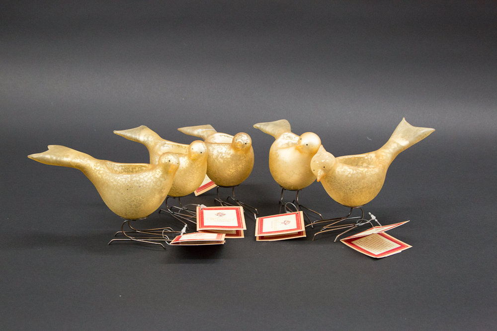 Set of Five Hand Blown Glass Birds