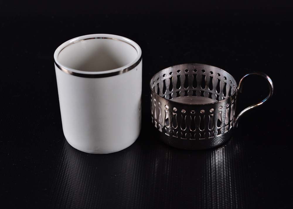 Veracruz Porcelain and Silver Plate Demitasse Set