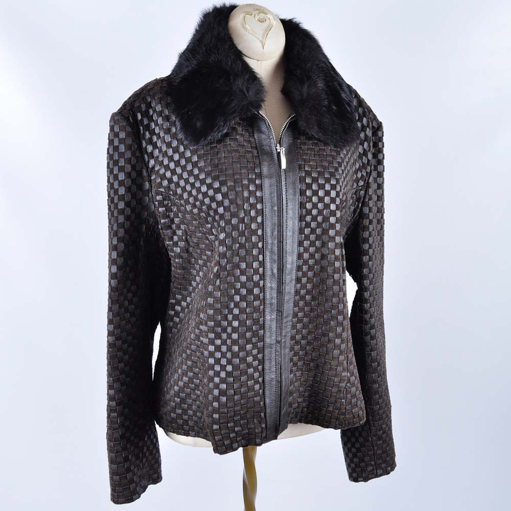 Marvin Richards Woven Leather Jacket with Rabbit Fur Collar