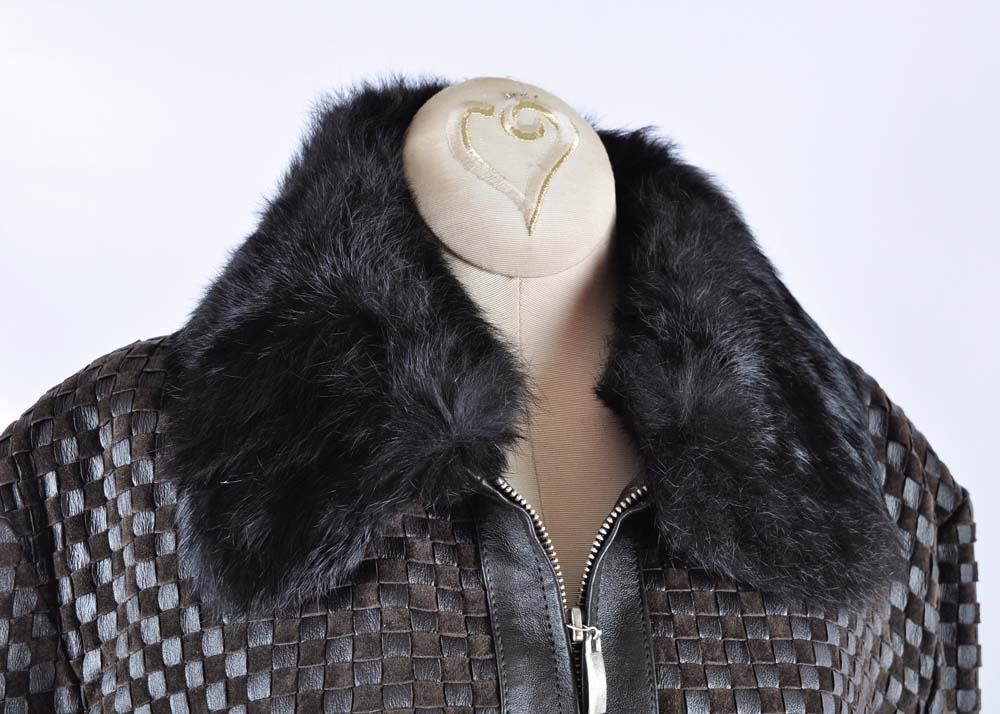 Marvin Richards Woven Leather Jacket with Rabbit Fur Collar