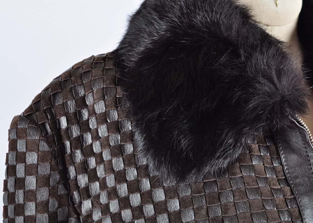 Marvin Richards Woven Leather Jacket with Rabbit Fur Collar