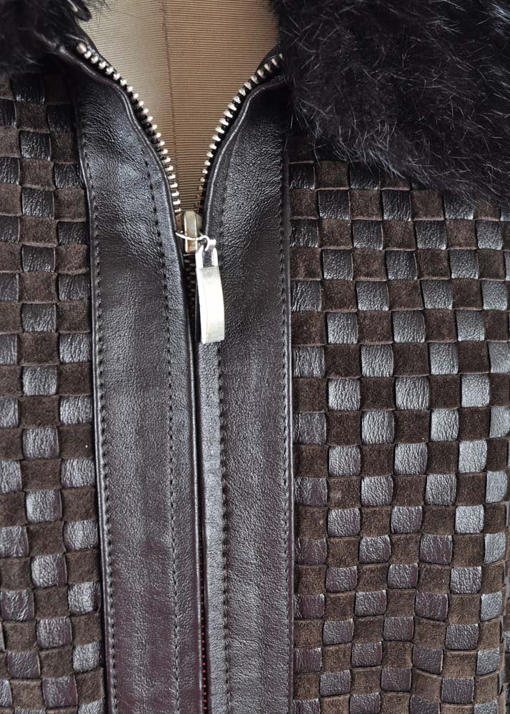 Marvin Richards Woven Leather Jacket with Rabbit Fur Collar