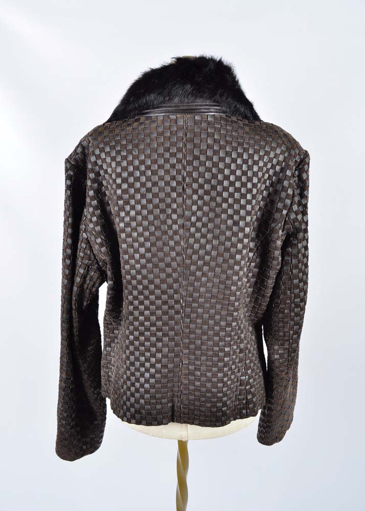 Marvin Richards Woven Leather Jacket with Rabbit Fur Collar