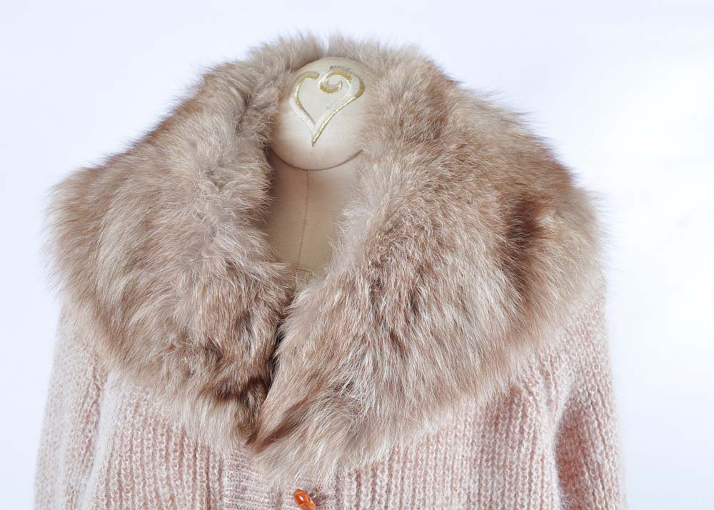 Angora Wool Cardigan with Fur Collar in Hat Box