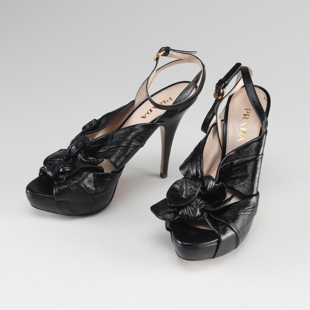 Prade Black Leather Platform Stiletto Peep Toe Pumps